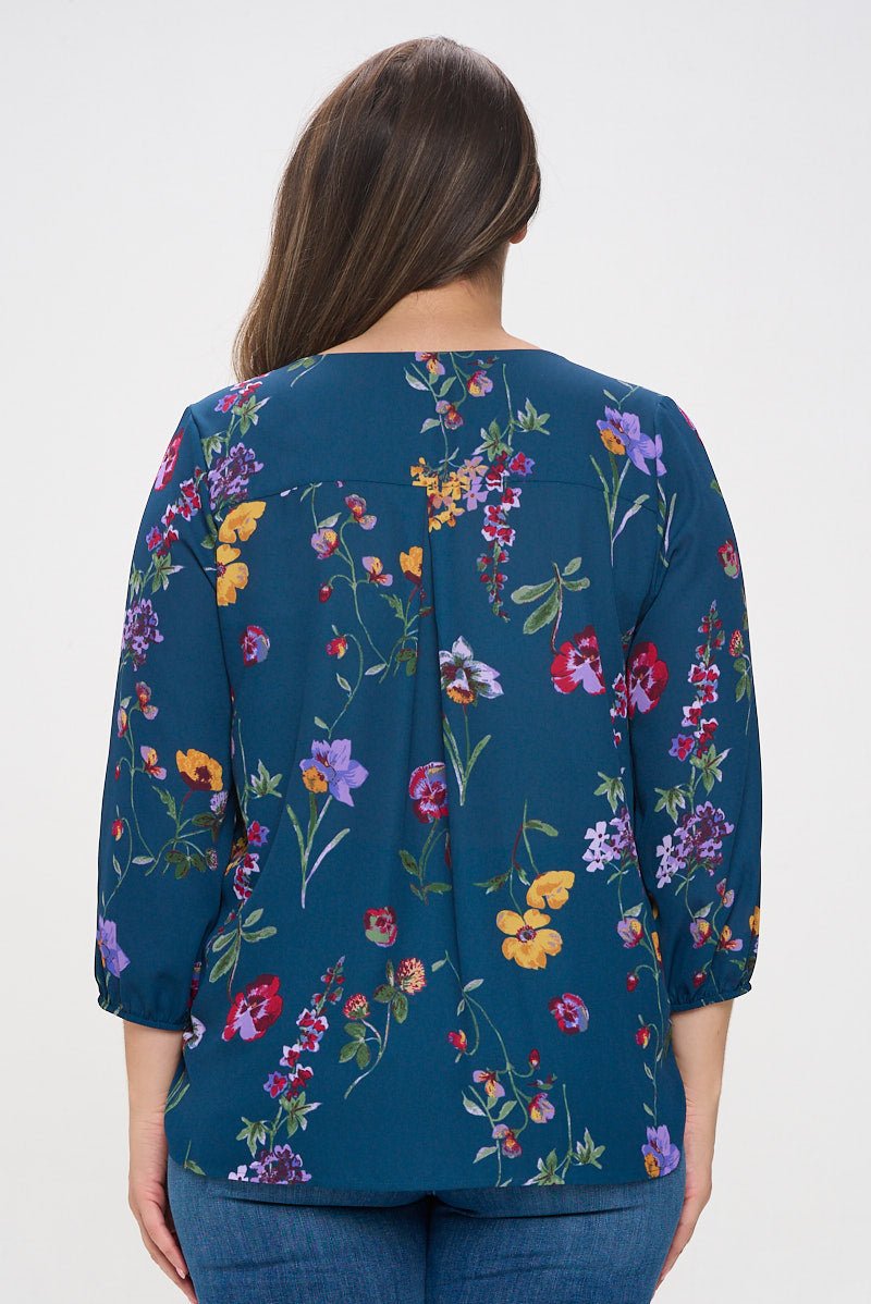 Image of West K Sophia Plus Size Three Quarter Balloon Sleeve Printed Everyday Blouse Teal Red Floral