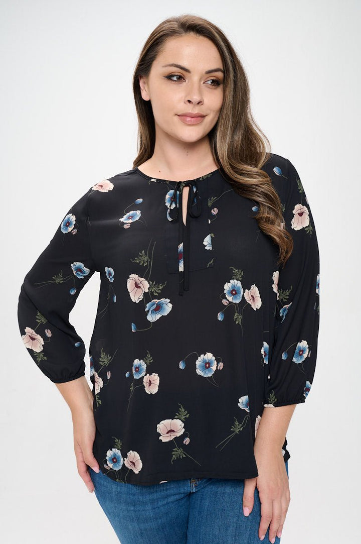 Image of West K Sophia Plus Size Three Quarter Balloon Sleeve Printed Everyday Blouse Teal Red Floral