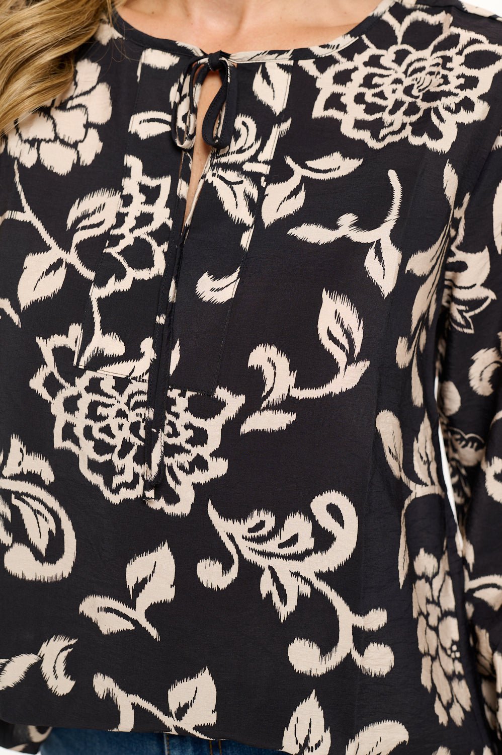 Image of West K Sophia Rayon Three Quarter Sleeve Printed Everyday Blouse Black Tan Floral