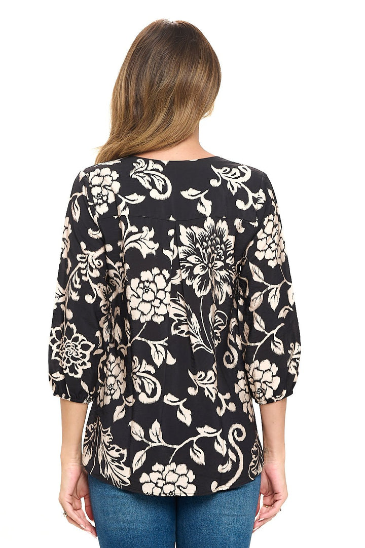 Image of West K Sophia Rayon Three Quarter Sleeve Printed Everyday Blouse Black Tan Floral