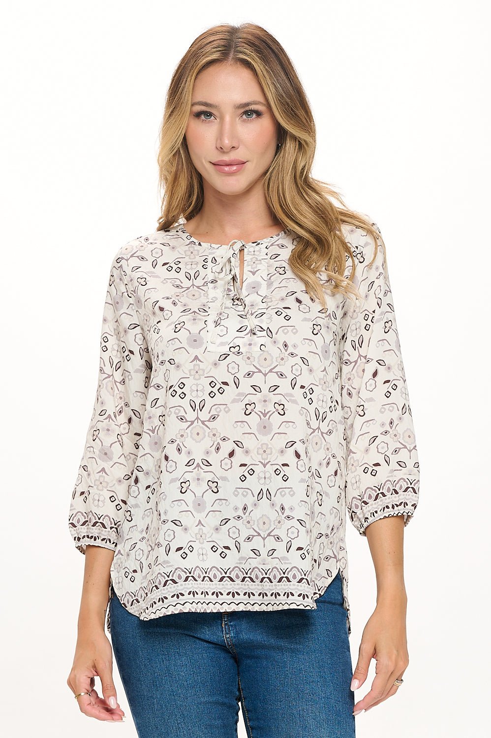 Image of West K Sophia Rayon Three Quarter Sleeve Printed Everyday Blouse Tan Brown Floral