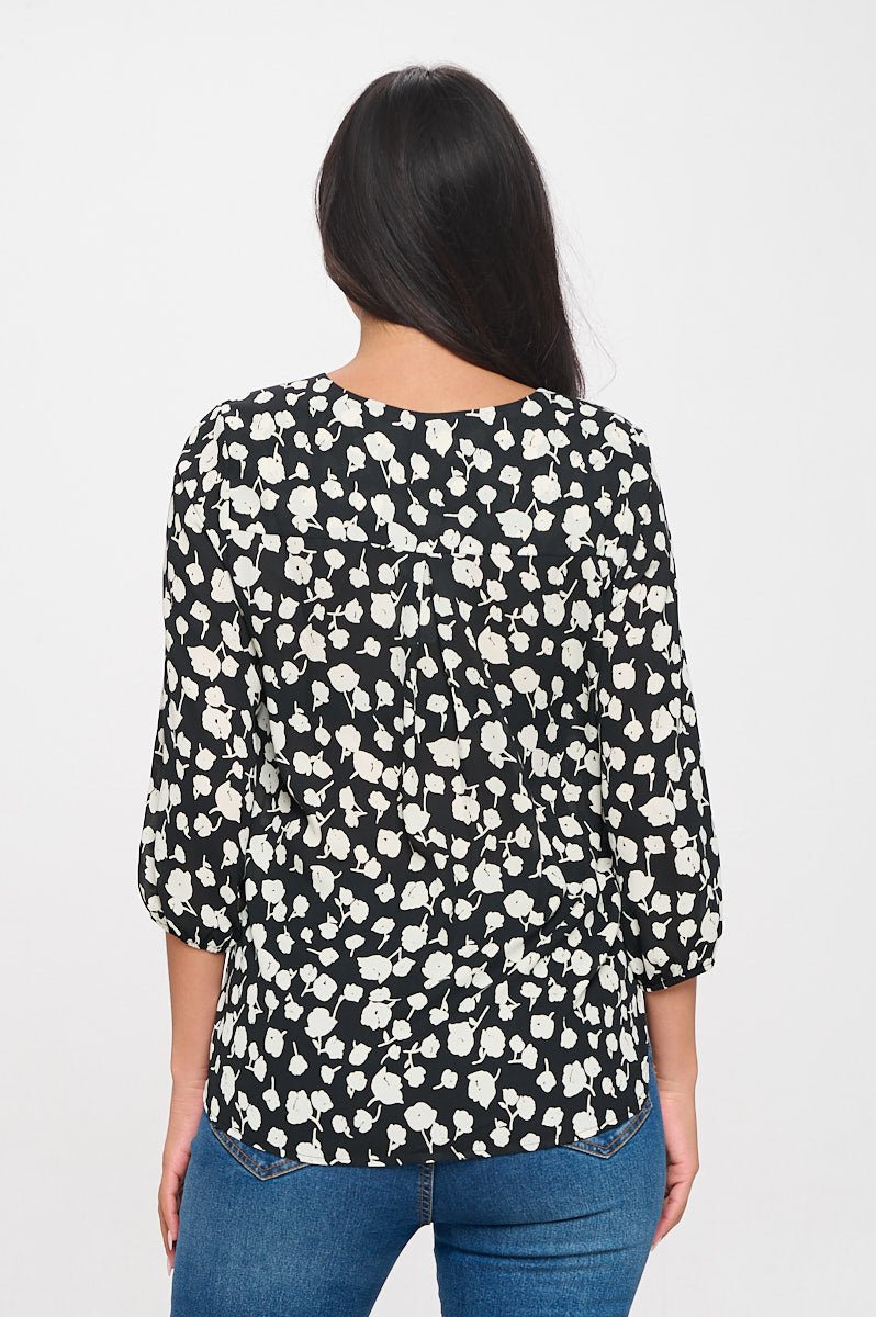 Image of West K Sophia Three Quarter Balloon Sleeve Tie - Neck Printed Everyday Blouse Black White Floral