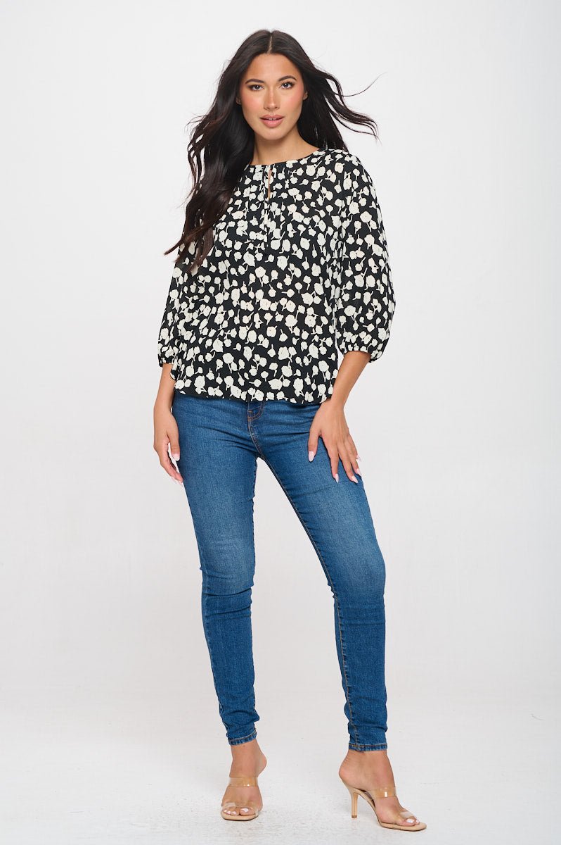 Image of West K Sophia Three Quarter Balloon Sleeve Tie - Neck Printed Everyday Blouse Black White Floral