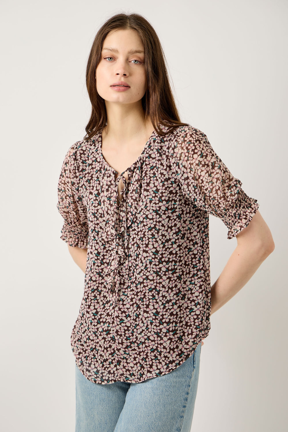 Image of West K Stacy Tie Front Ruffle Blouse Brown Daisy Floral