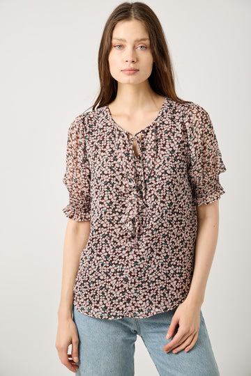 Image of West K Stacy Tie Front Ruffle Blouse Brown Daisy Floral