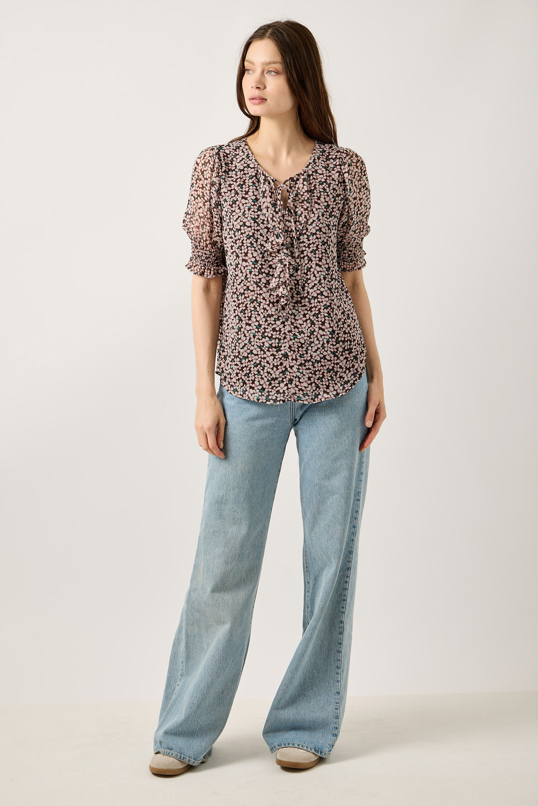 Image of West K Stacy Tie Front Ruffle Blouse Brown Daisy Floral