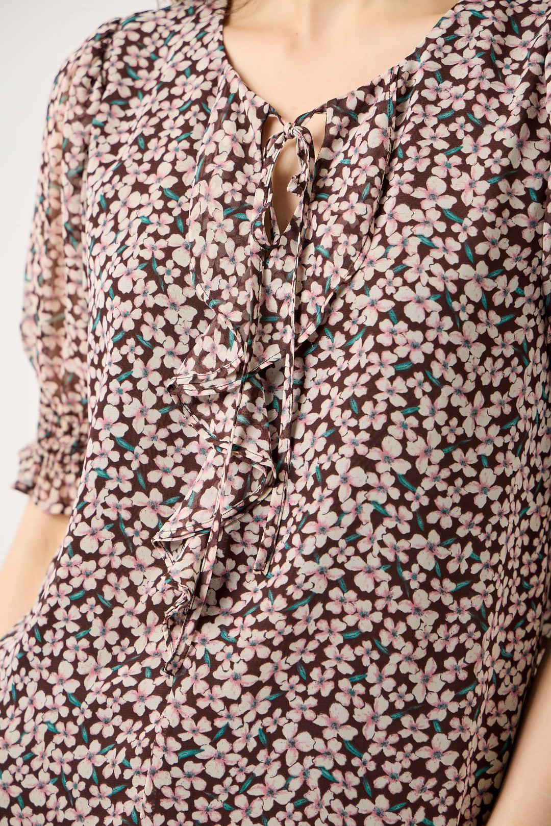 Image of West K Stacy Tie Front Ruffle Blouse Brown Daisy Floral