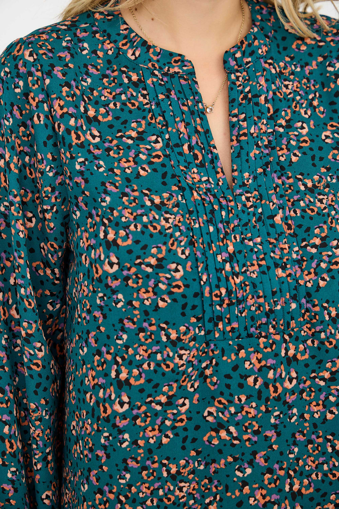 Image of West K Starling Pintuck Split Neck Blouse Teal Leopard