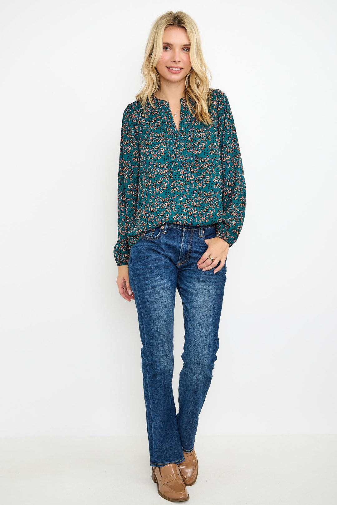 Image of West K Starling Pintuck Split Neck Blouse Teal Leopard