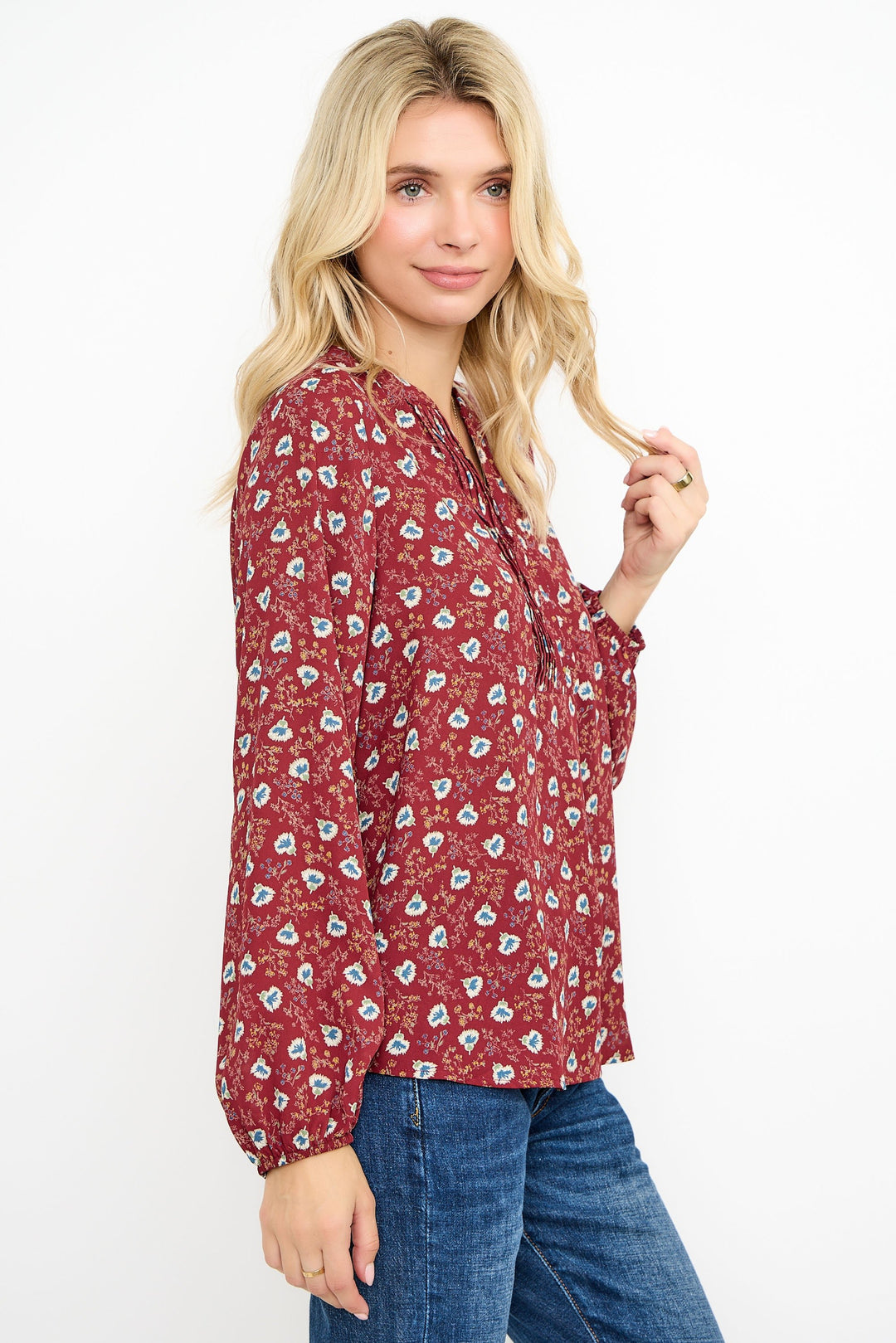 Image of West K Starling Pintuck Split Neck Blouse Wine Blue Floral