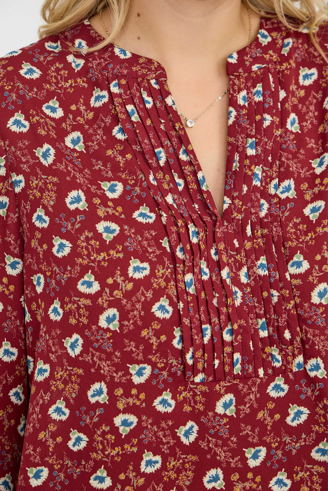 Image of West K Starling Pintuck Split Neck Blouse Wine Blue Floral