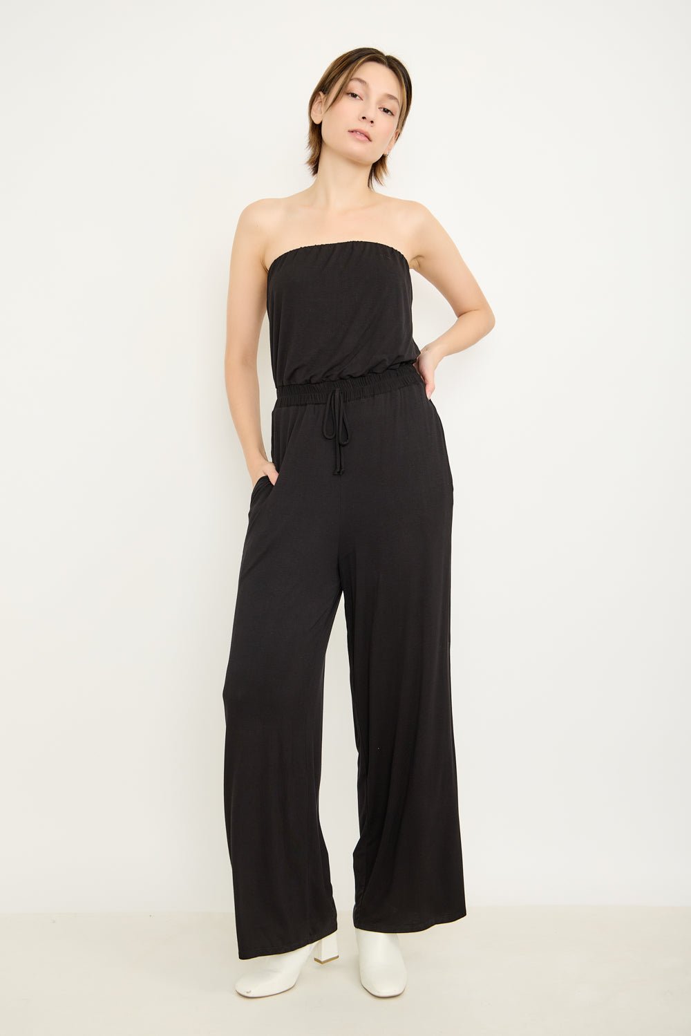 Image of West K Strapless Wide-Leg Knit Jumpsuit Black