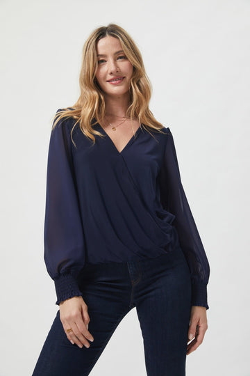 Image of West K Surplice V-Neck Knit Body Chiffon Sleeve Blouse Navy