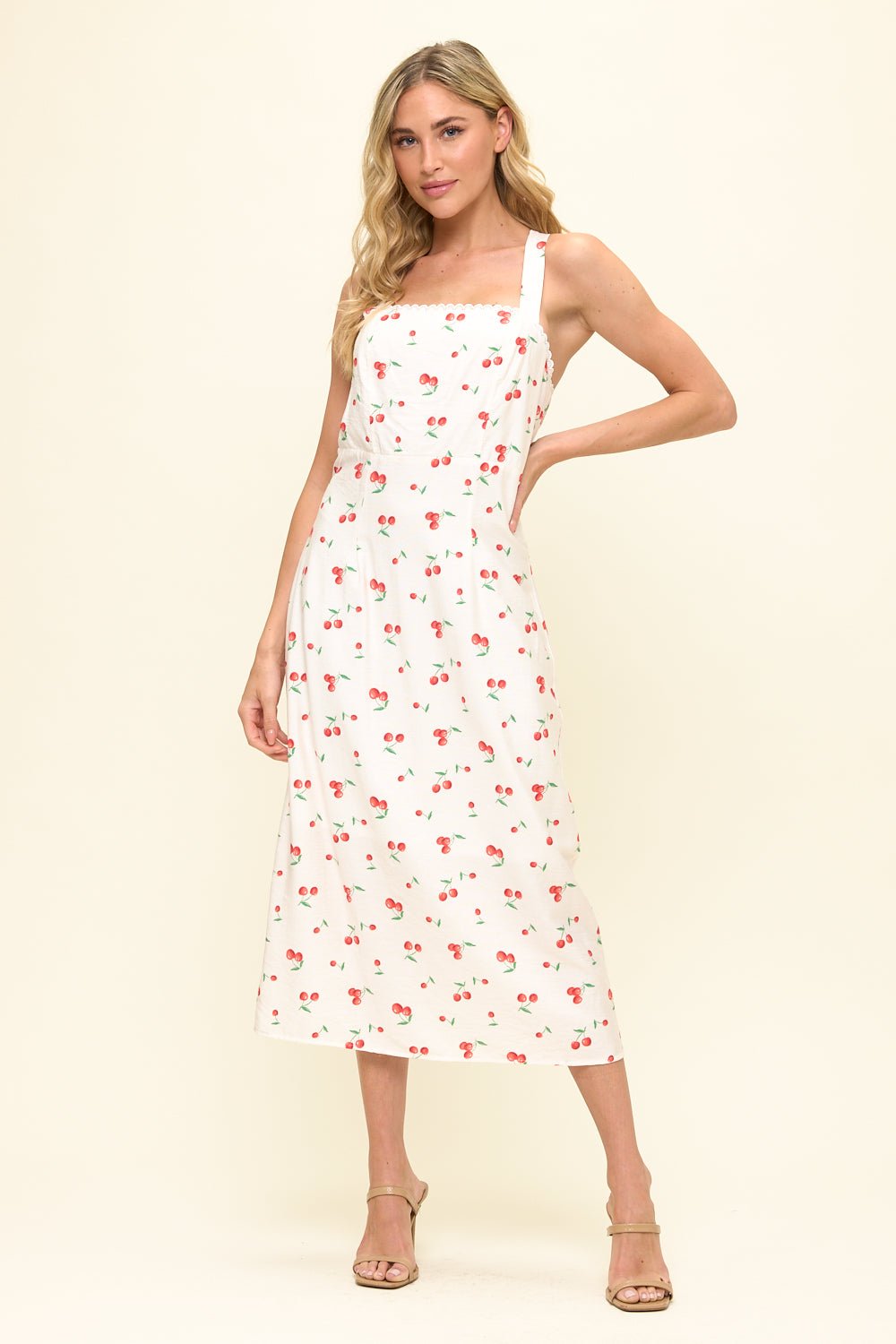 Image of West K Sylvie Scallop Neckline Midi Dress White Cherry