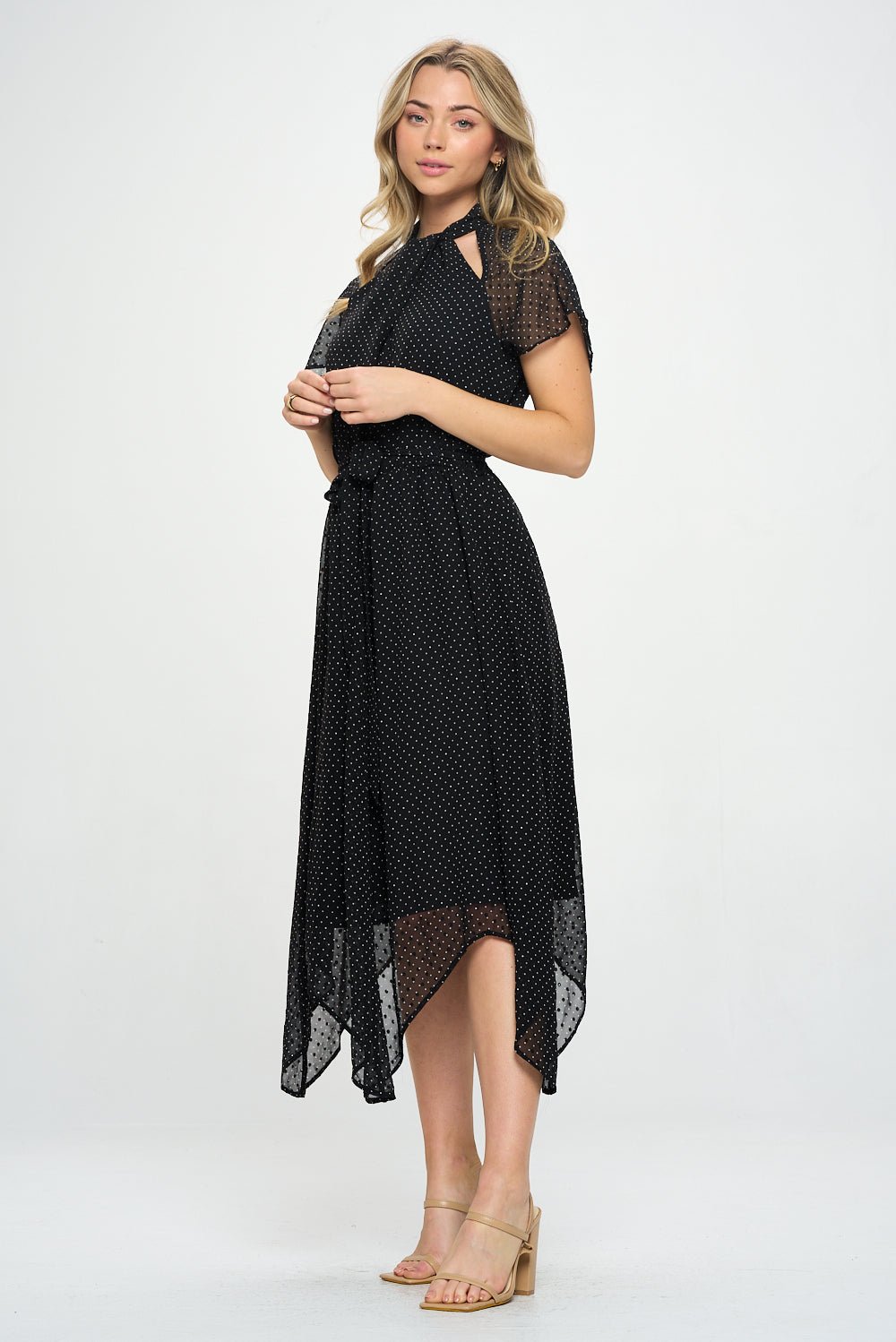 Image of West K Tamara Cutout Hanky Hem Dress Black Dots