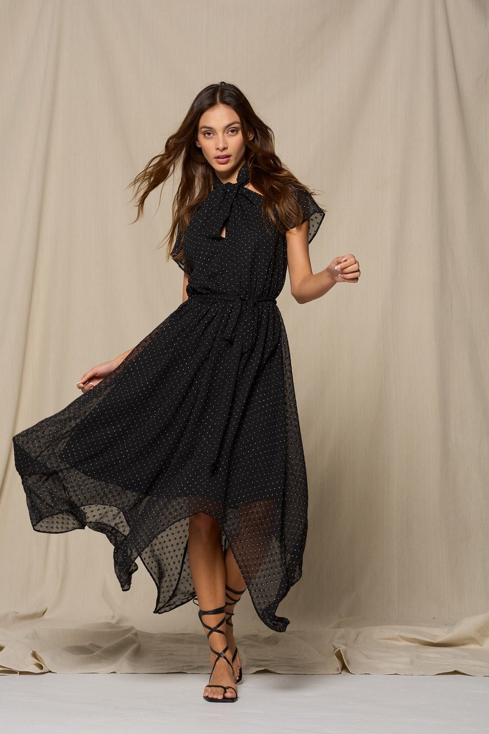 Image of West K Tamara Cutout Hanky Hem Dress Black Dots