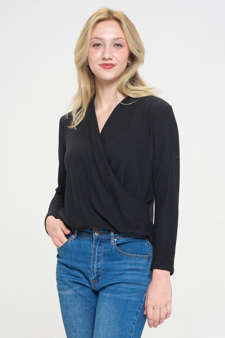 Image of West K Tessa Long Sleeve Surplice Knit Top Black