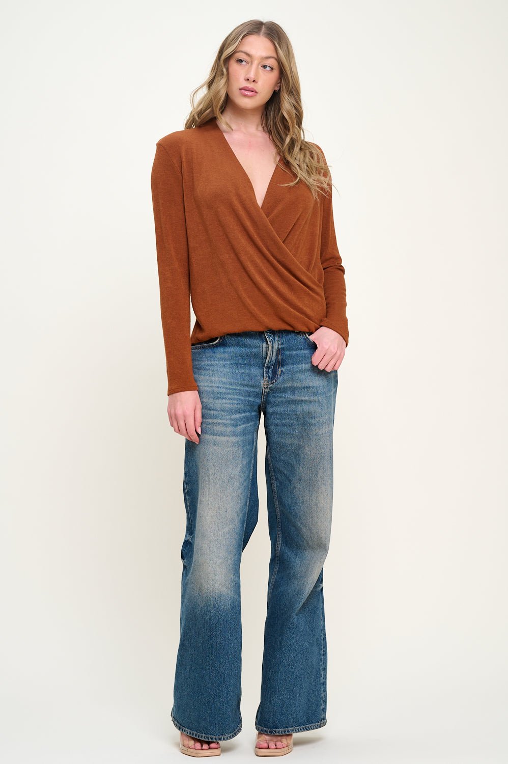 Image of West K Tessa Long Sleeve Surplice Knit Top Burnt Orange