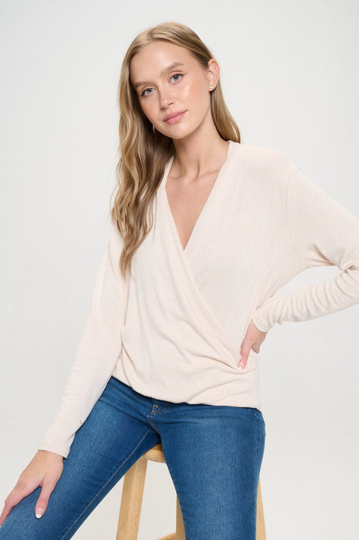 Image of West K Tessa Long Sleeve Surplice Knit Top Cream