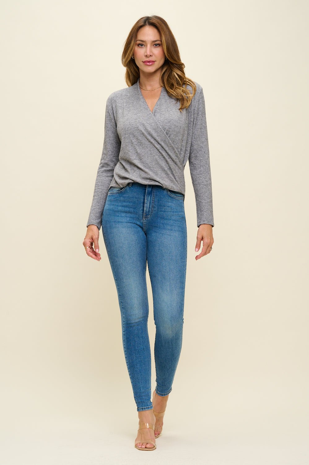 Image of West K Tessa Long Sleeve Surplice Knit Top Heather Grey