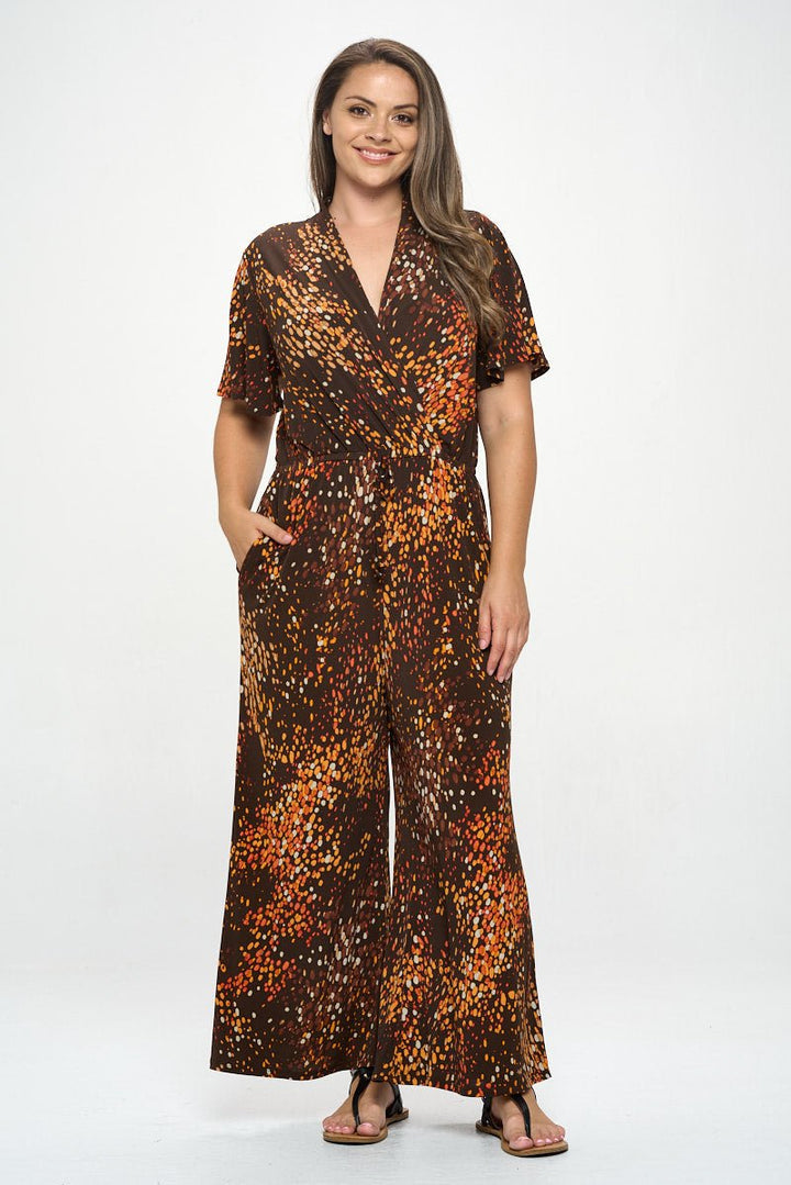 Image of West K Tiffany Plus Size Flutter Sleeve Knit Jumpsuit Brown Dots