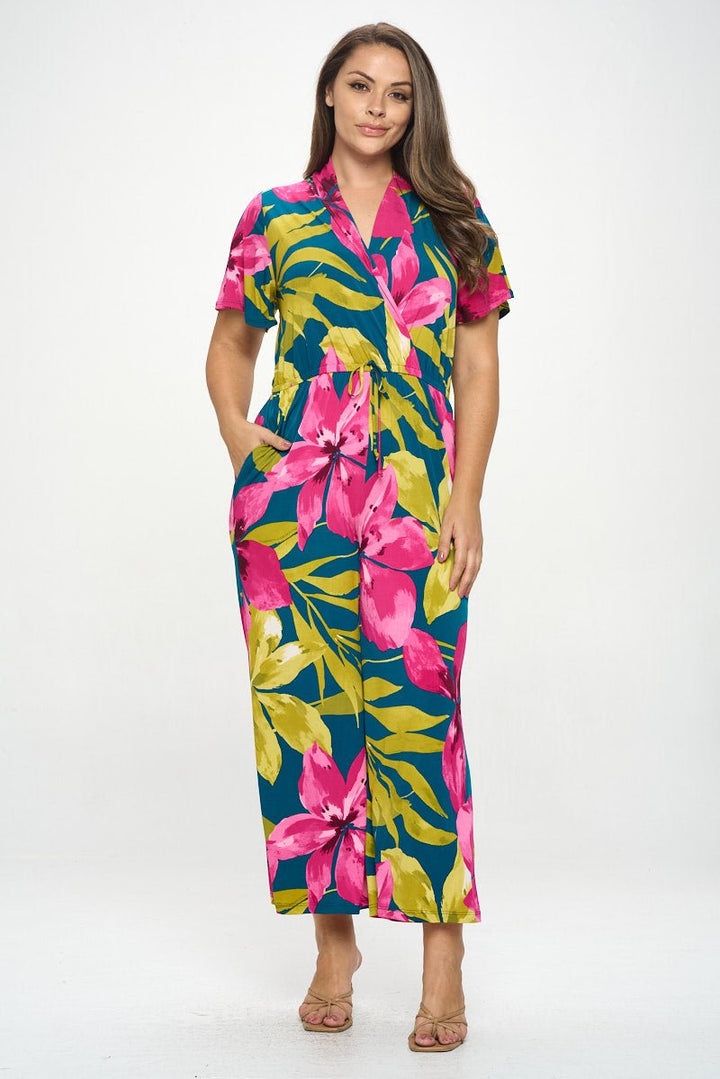 Image of West K Tiffany Plus Size Flutter Sleeve Knit Jumpsuit Teal Magenta Floral