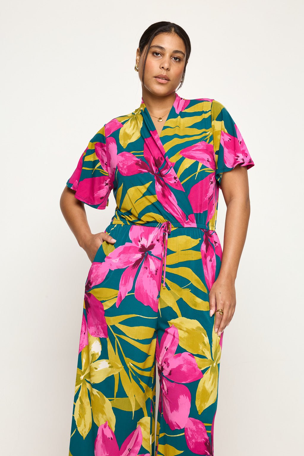 Image of West K Tiffany Plus Size Knit Jumpsuit Teal Magenta Floral