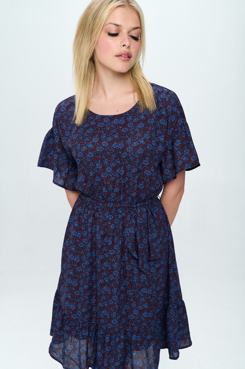 Image of West K Valeria Ruffle Dress Navy Wine Floral