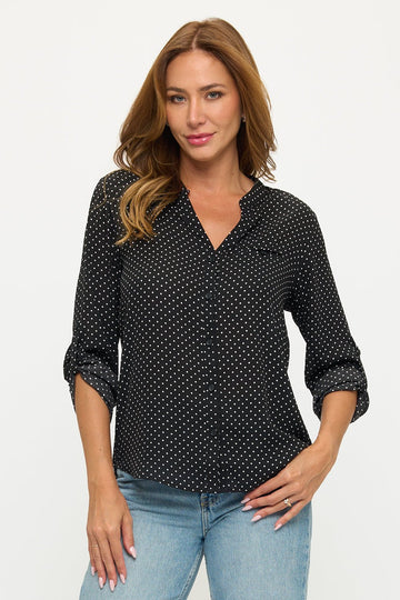 Image of West K Vera Roll - tab Button Down Blouse Black White Dots