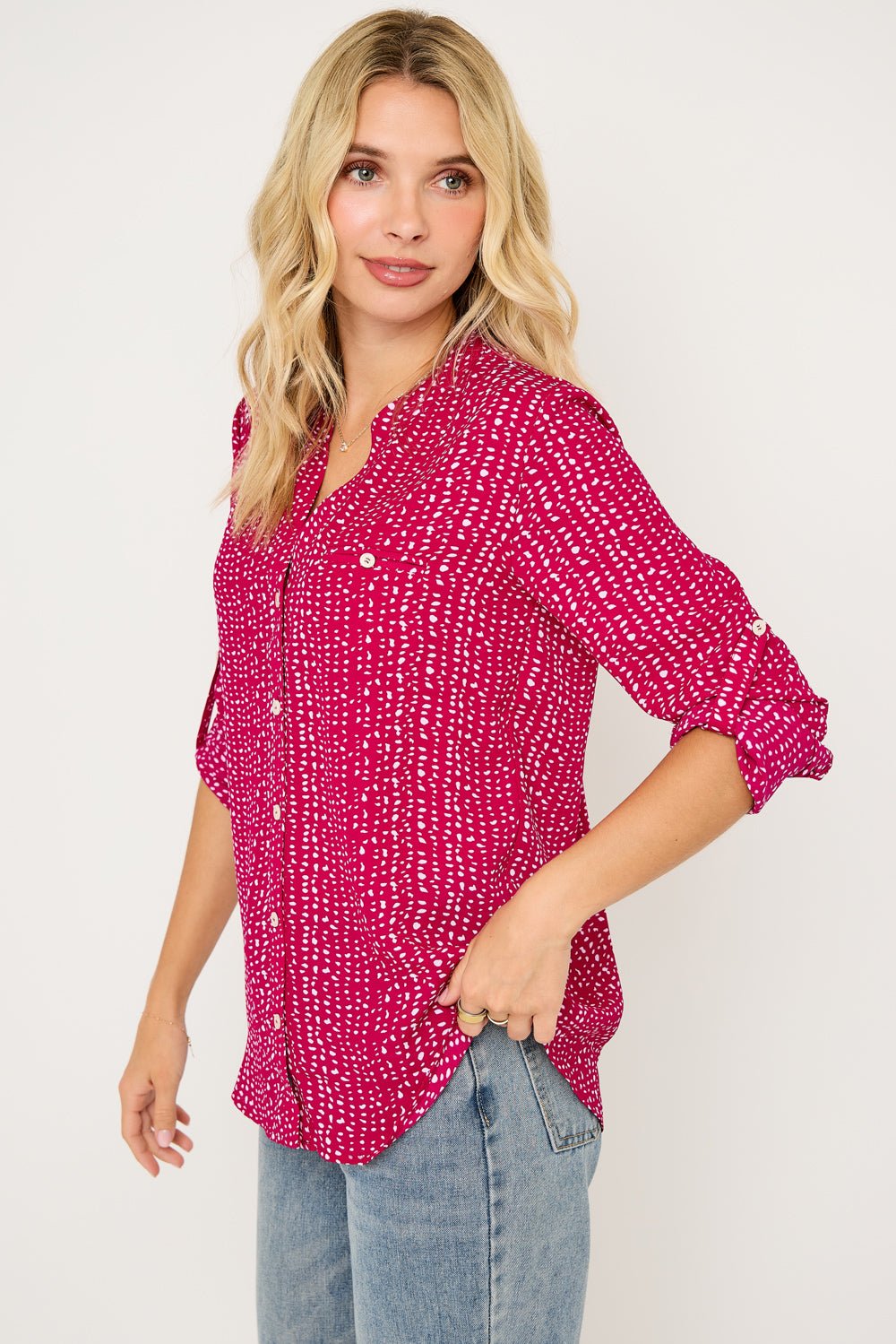Image of West K Vera Roll - tab Button Down Blouse Cherry Dots