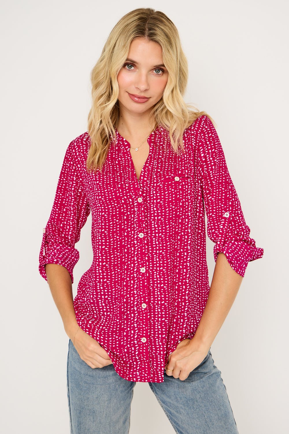 Image of West K Vera Roll - tab Button Down Blouse Cherry Dots