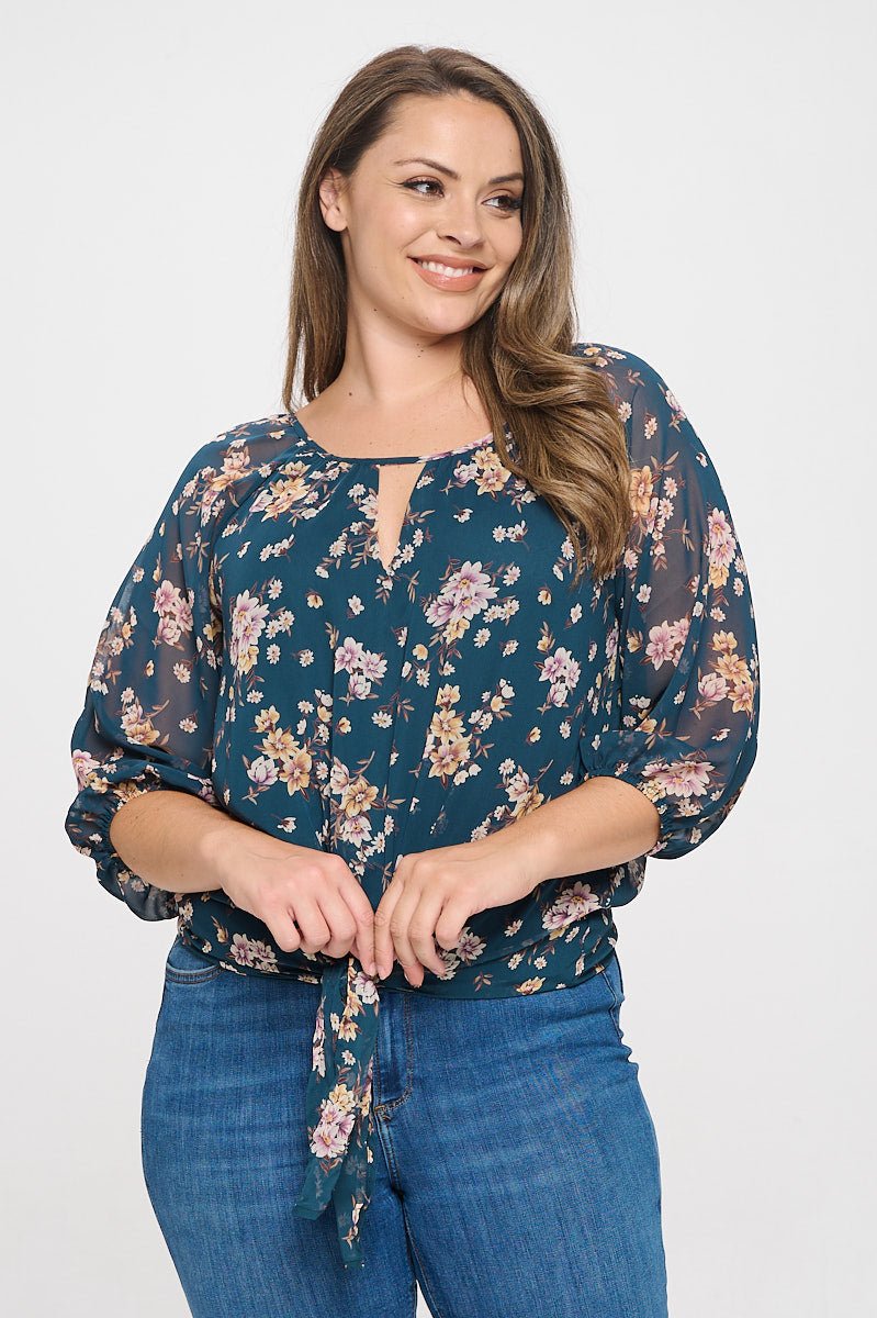 Image of West K Veronica Plus Size Tie Front Blouse Hunter Green Floral