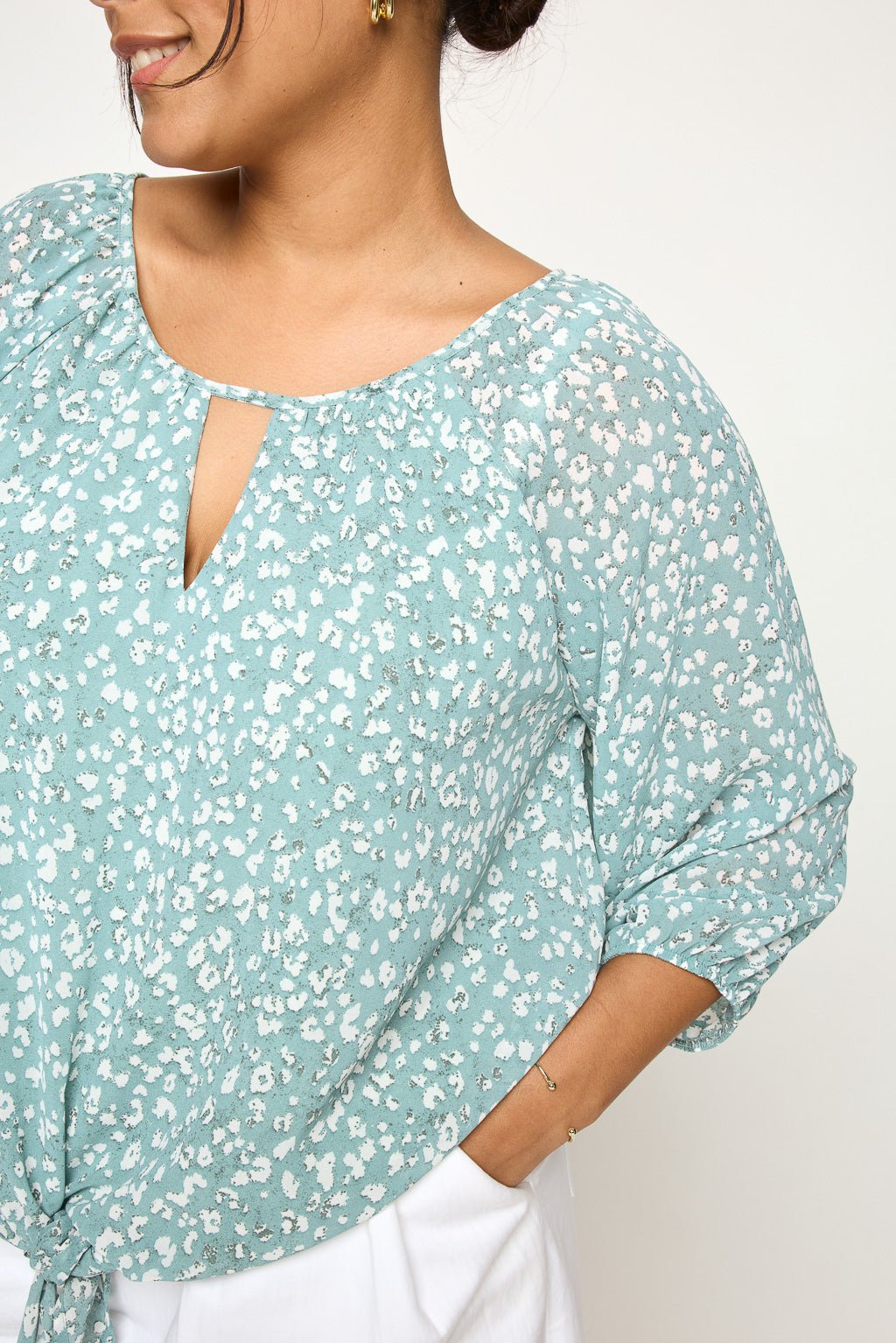 Image of West K Veronica Plus Size Tie Front Blouse Seafoam Leopard