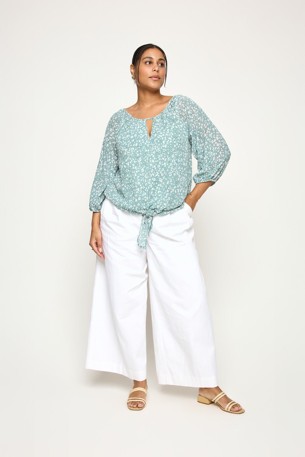 Image of West K Veronica Plus Size Tie Front Blouse Seafoam Leopard