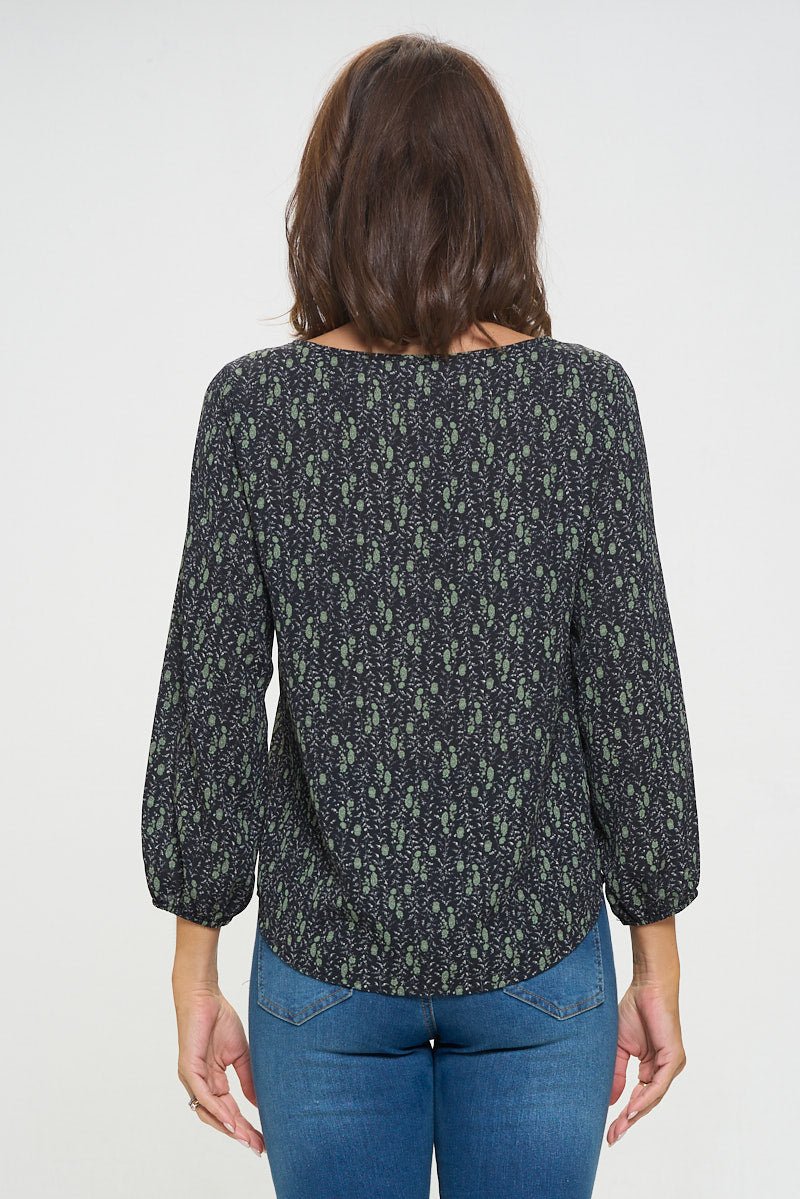 Image of West K Veronica Tie Front Blouse Black Green Ditzy Floral