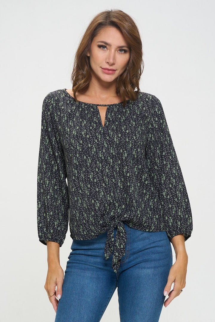 Image of West K Veronica Tie Front Blouse Black Green Ditzy Floral