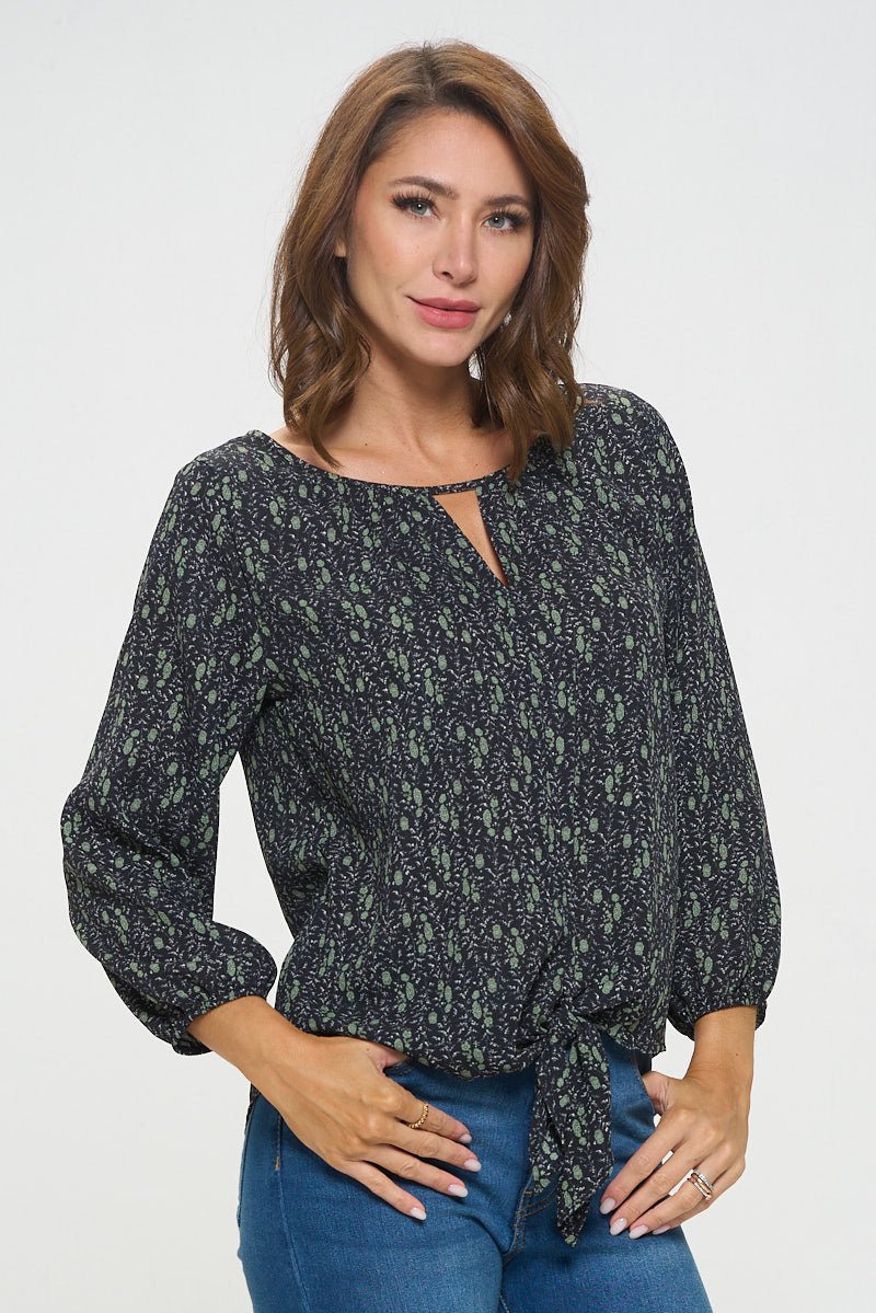 Image of West K Veronica Tie Front Blouse Black Green Ditzy Floral