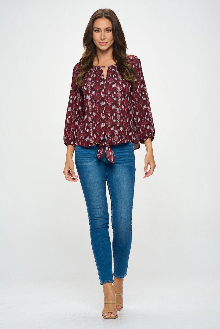 Image of West K Veronica Tie Front Blouse Burgundy Snake