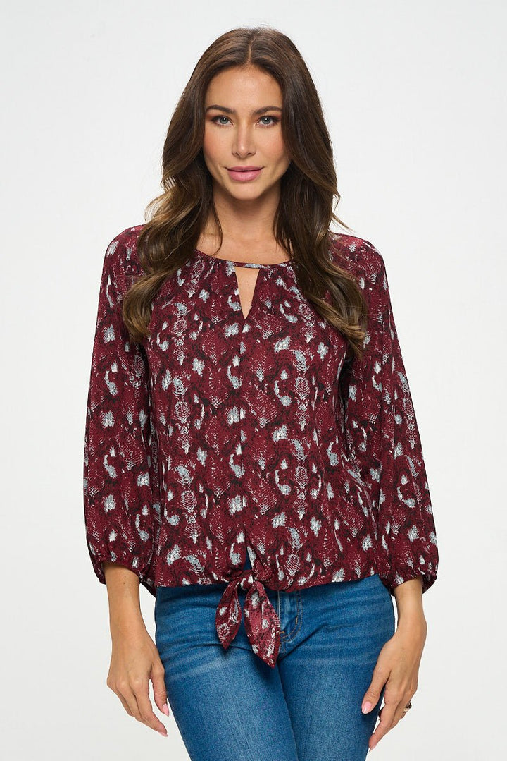 Image of West K Veronica Tie Front Blouse Burgundy Snake