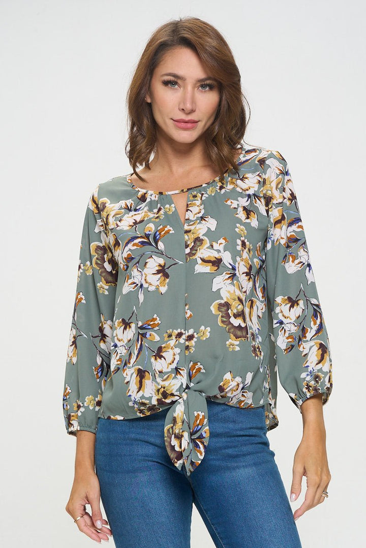 Image of West K Veronica Tie Front Blouse Green Floral