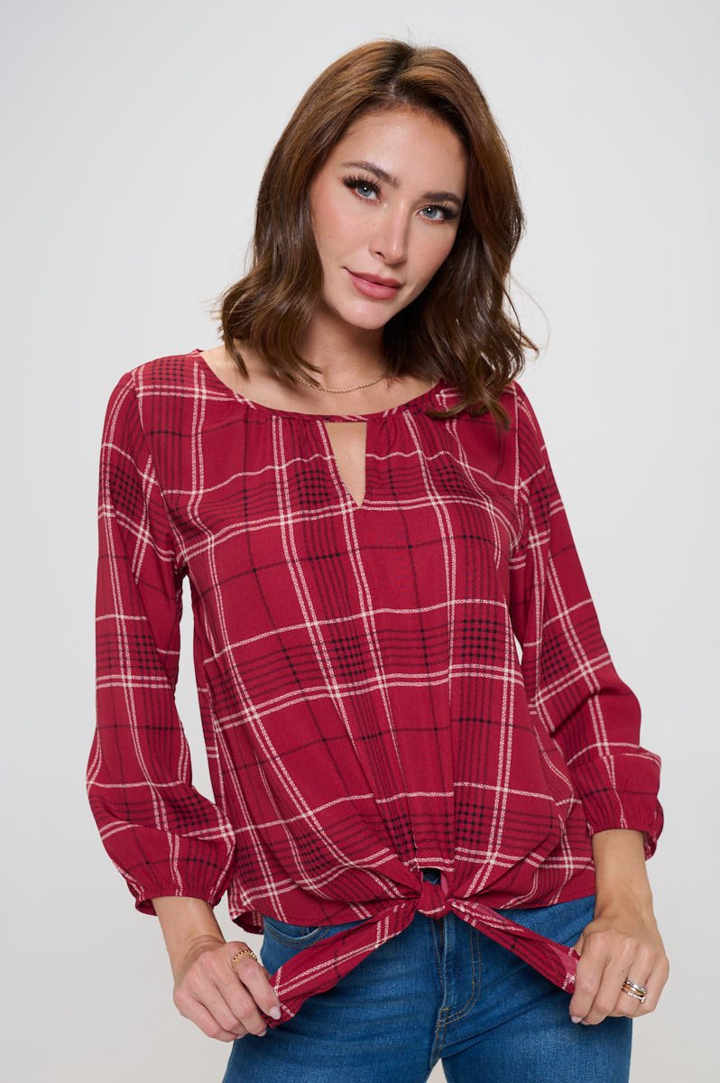 Image of West K Veronica Tie Front Blouse Wine Plaid