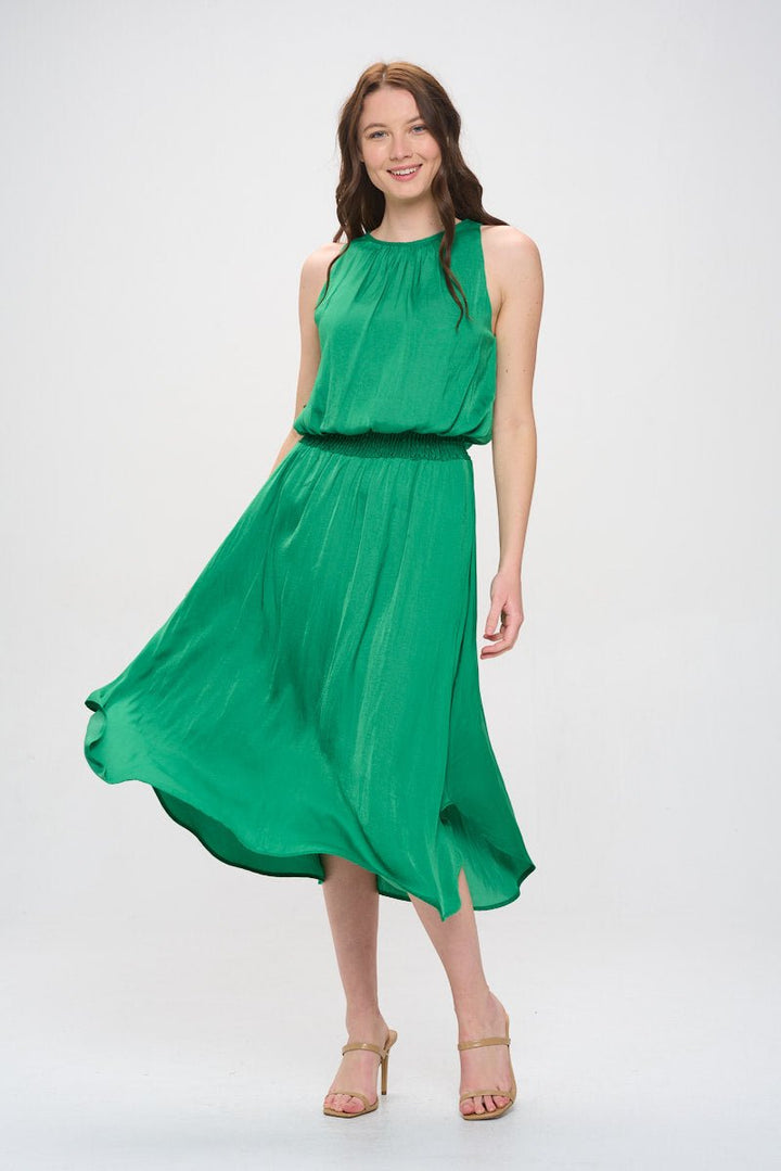 Image of West K Viviana Smocked - Waist Satin Tank Midi Dress Kelly Green