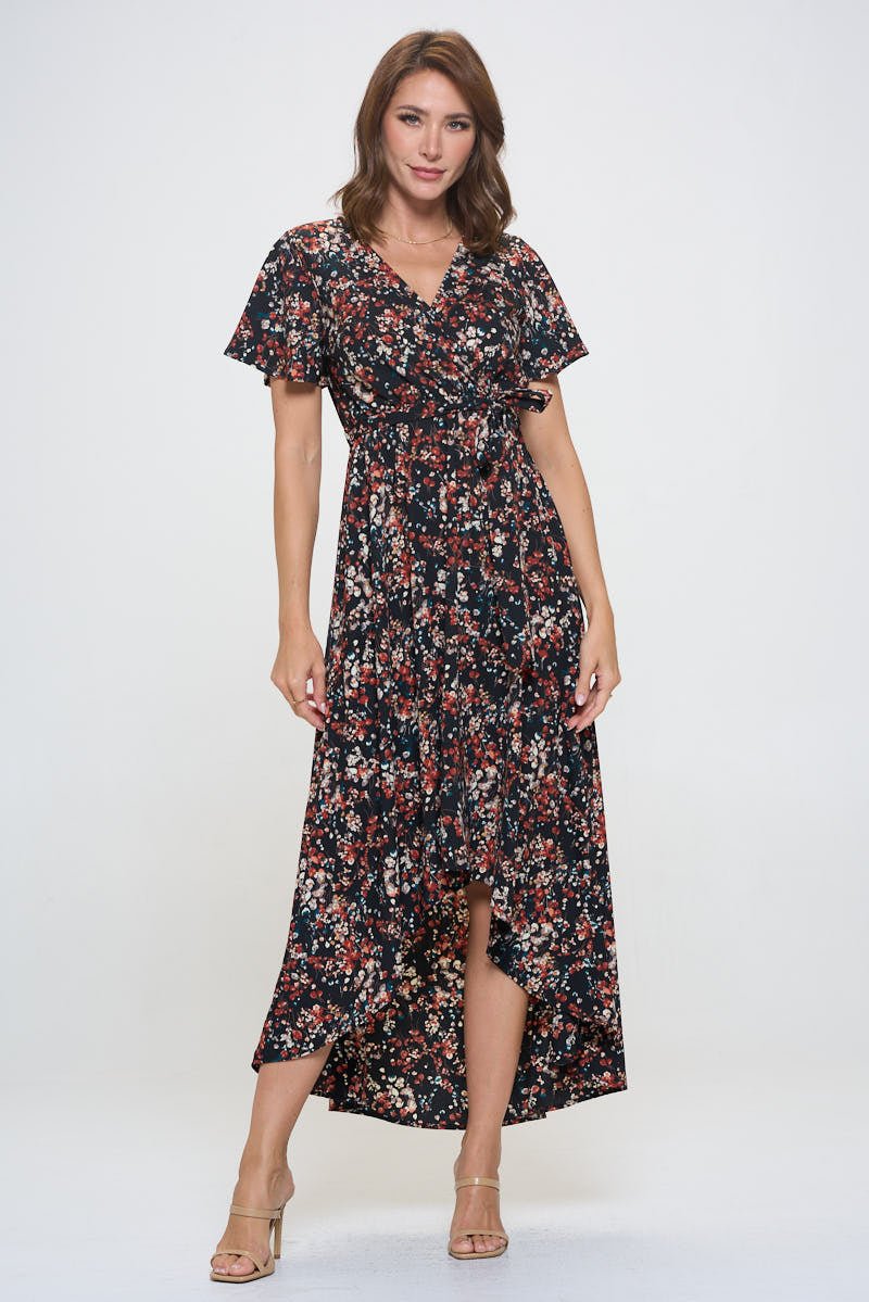 Image of West K Woven Georgia Faux Wrap Dress with High - Low Hem and Tie Waist Black Multi Floral