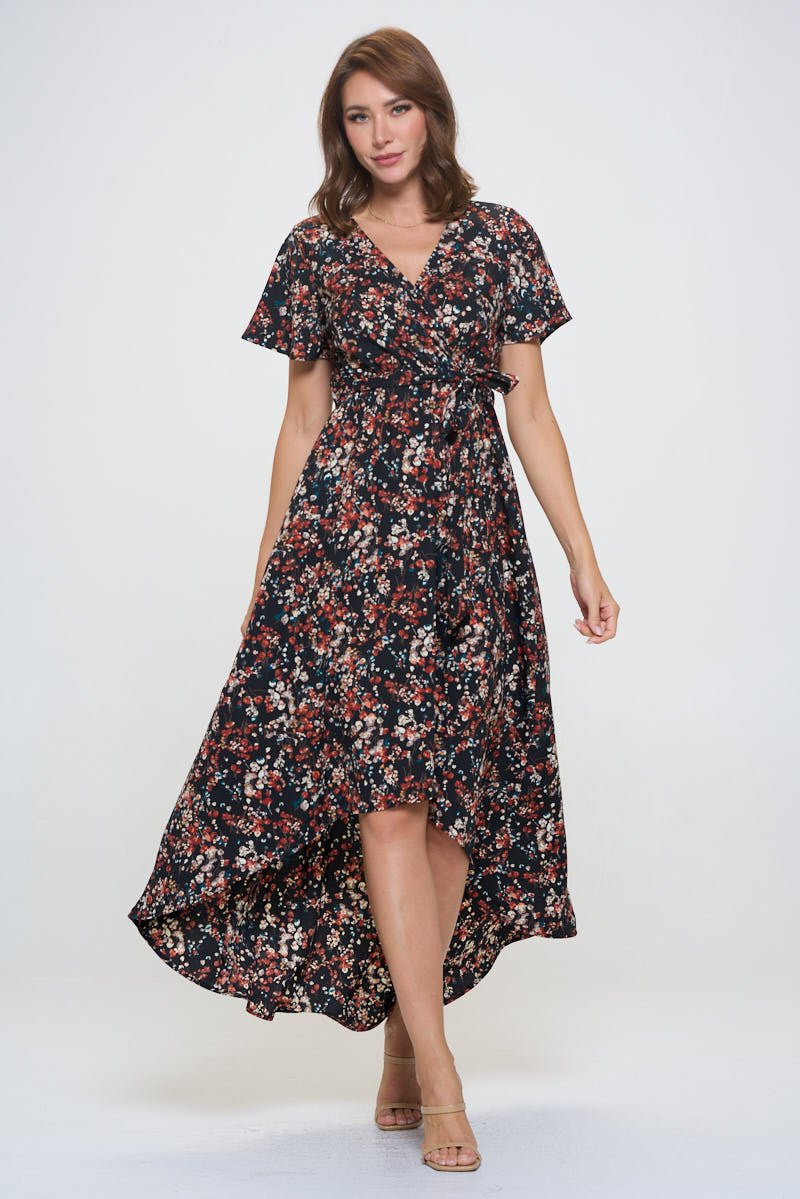 Image of West K Woven Georgia Faux Wrap Dress with High - Low Hem and Tie Waist Black Multi Floral