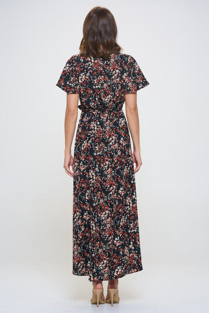 Image of West K Woven Georgia Faux Wrap Dress with High - Low Hem and Tie Waist Black Multi Floral