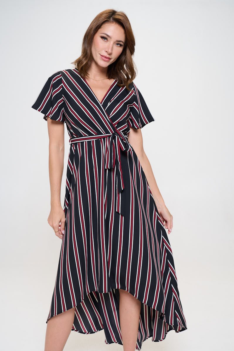 Image of West K Woven Georgia Faux Wrap Dress with High - Low Hem and Tie Waist Black Wine Stripe