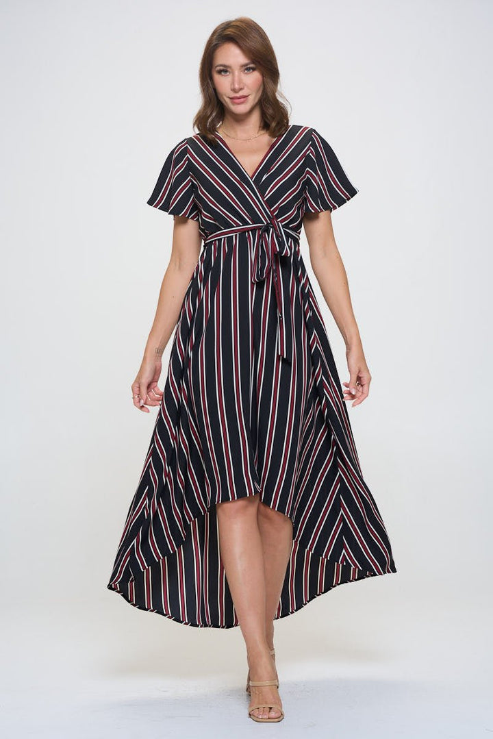 Image of West K Woven Georgia Faux Wrap Dress with High - Low Hem and Tie Waist Black Wine Stripe