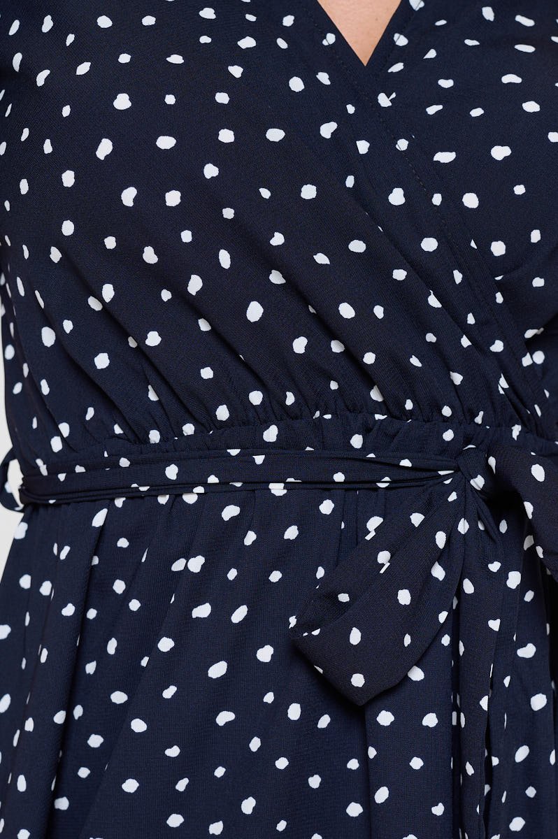 Image of West K Woven Georgia Faux Wrap Dress with High - Low Hem and Tie Waist Navy Dots