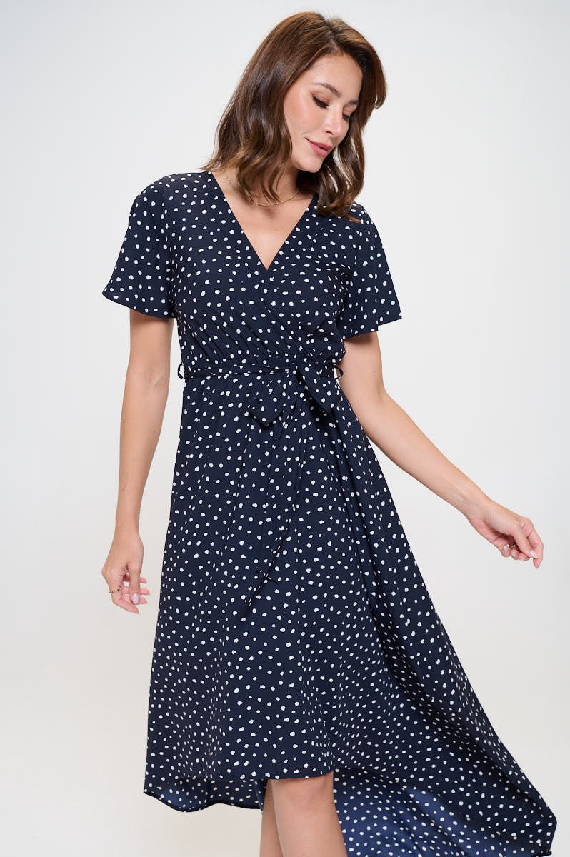 Image of West K Woven Georgia Faux Wrap Dress with High - Low Hem and Tie Waist Navy Dots