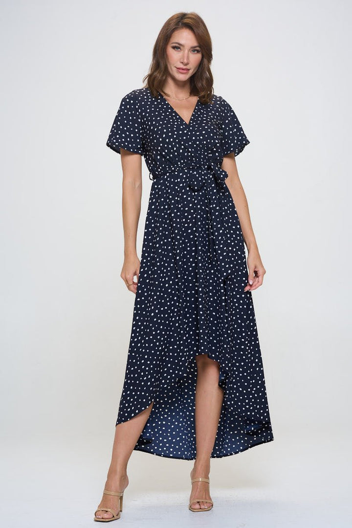 Image of West K Woven Georgia Faux Wrap Dress with High - Low Hem and Tie Waist Navy Dots